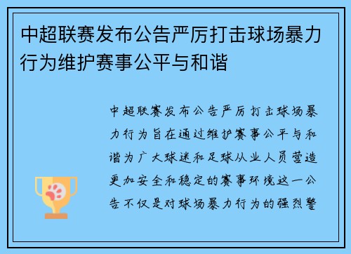 中超联赛发布公告严厉打击球场暴力行为维护赛事公平与和谐 中超联赛发布公告严厉打击球场暴力行为维护赛事公平与和谐