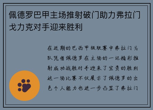 佩德罗巴甲主场推射破门助力弗拉门戈力克对手迎来胜利